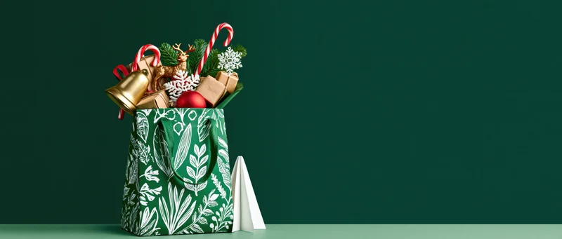 Green gift bag filled with christmas ornaments and candy on a dark green surface with copyspace