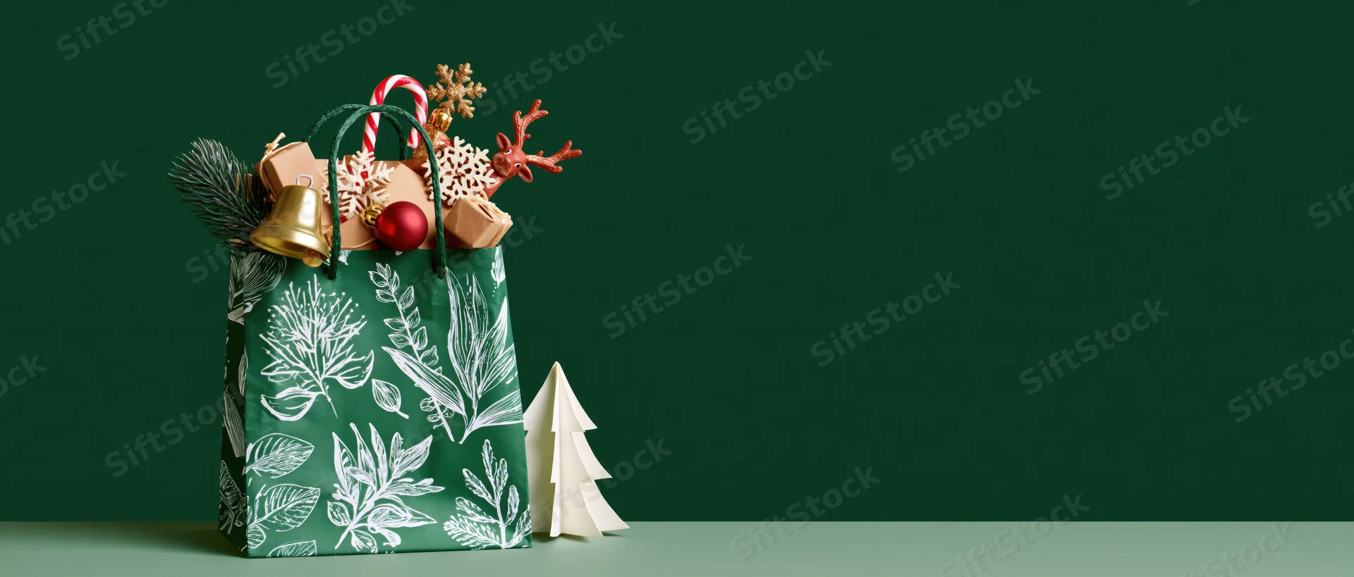 Green gift bag with white botanical print and christmas ornaments on dark green surface