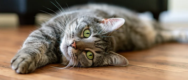Grey tabby cat lying on hardwood floor with one paw extended, looking at camera