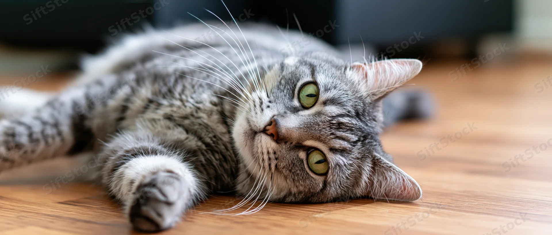 Grey tabby cat lying on its side on hardwood floor with one paw extended