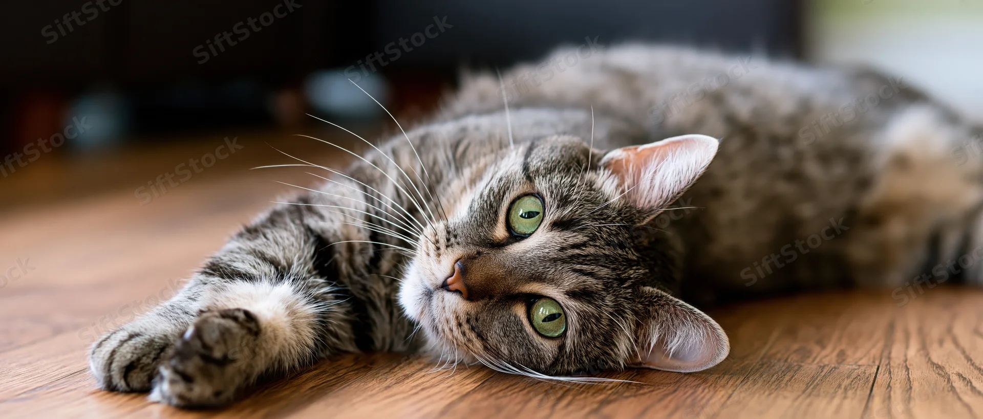 Grey tabby cat lying on hardwood floor with one paw extended, looking up with green eyes