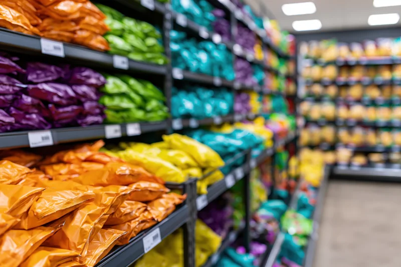 Rows of colorful packaged snacks on shelves in a grocery store aisle