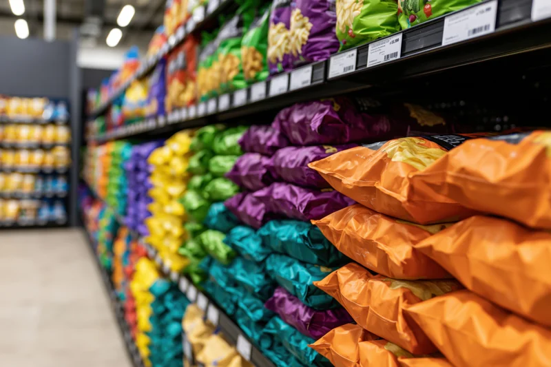 Rows of colorful packaged snacks on shelves in a grocery store aisle