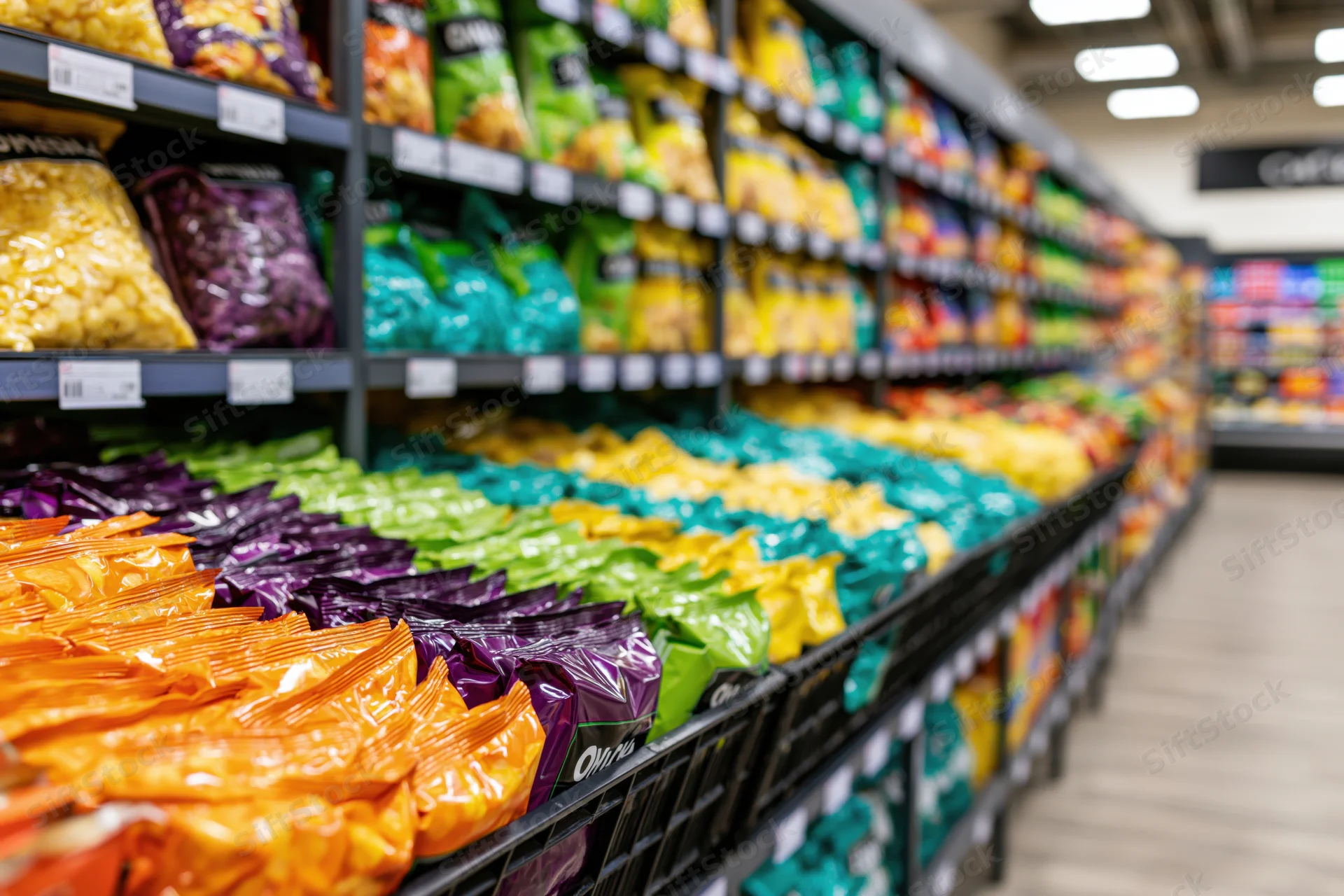 Rows of colorful packaged snacks on shelves in a grocery store aisle