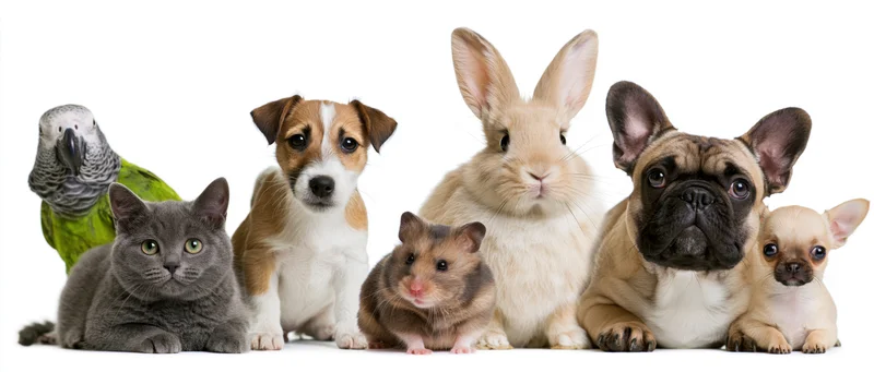 Group of household pets lined up together against a white background