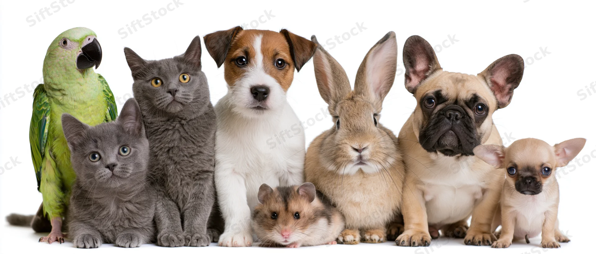Group of household pets lined up together against white background