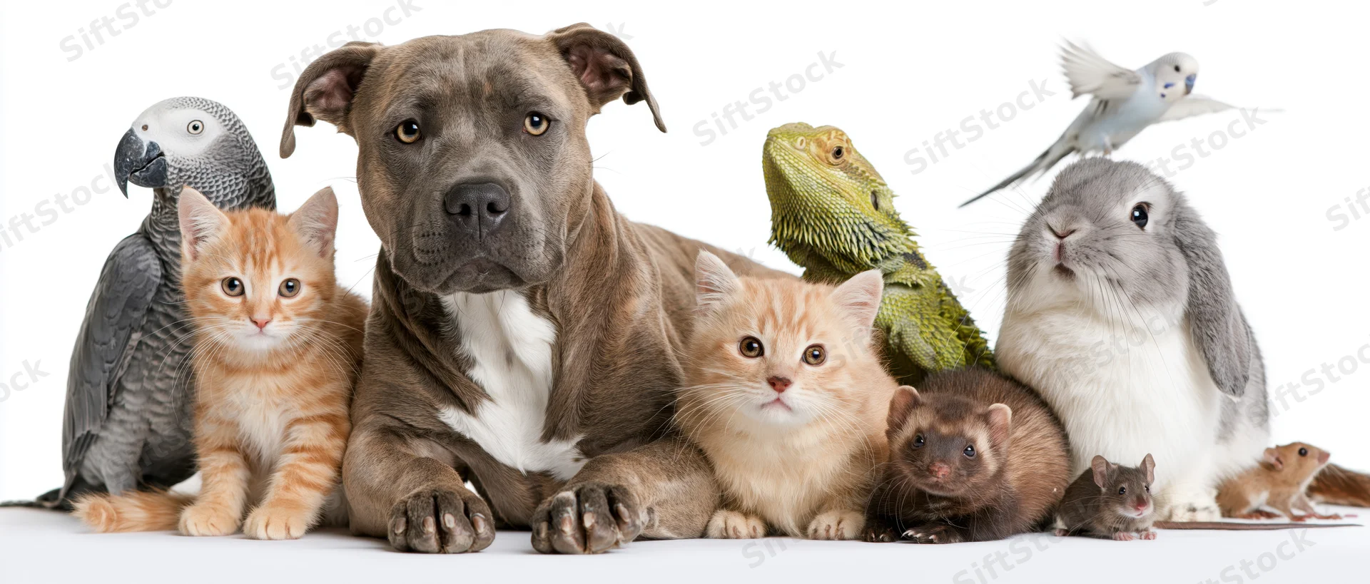 Group of common pet animals arranged together against a plain white background