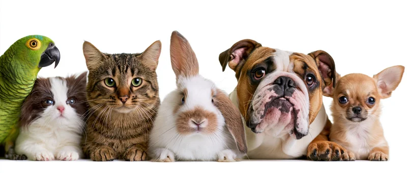 Group of common pets arranged in a row peeking over a surface