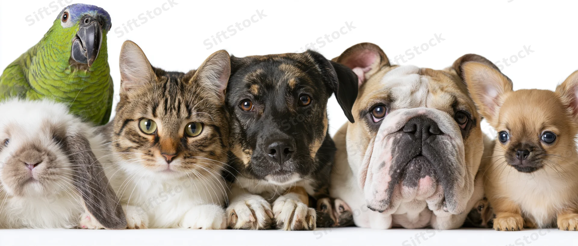 Group of common pets arranged in a row peeking over a surface