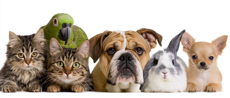 Group of common pets arranged in a row peeking over a surface