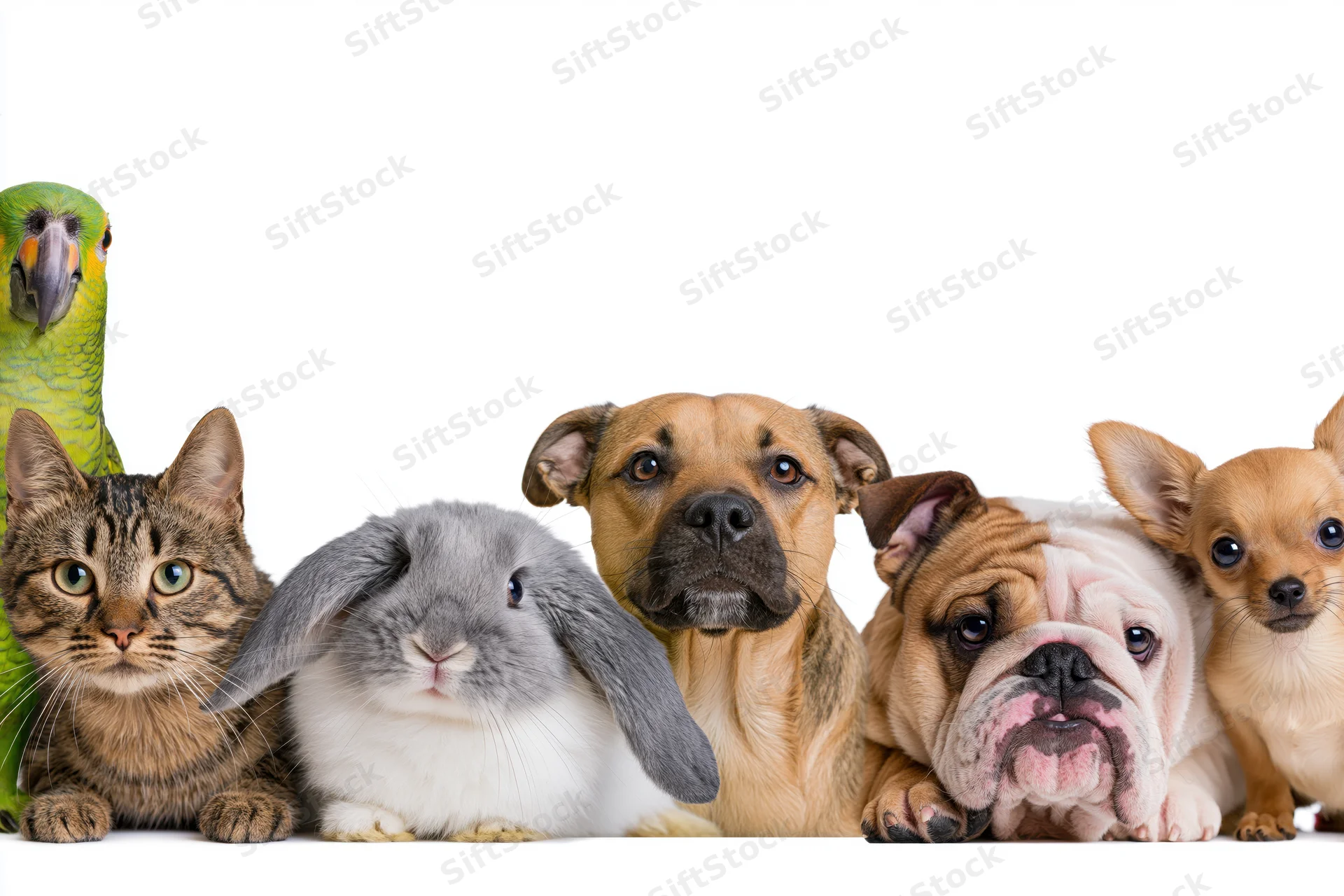 Group of common pets arranged in a row peeking over a surface