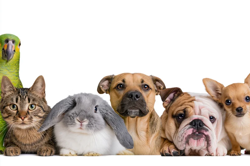 Group of common pets arranged in a row peeking over a surface