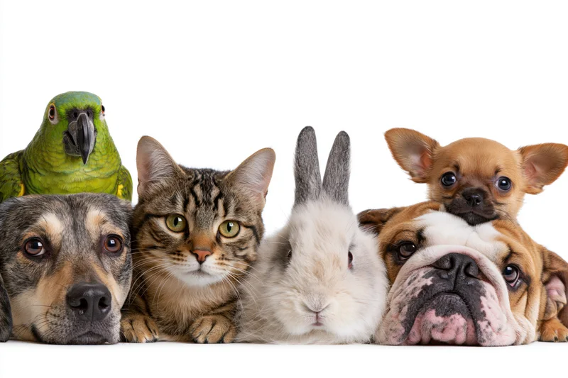 Group of common pets peeking over a surface in a row