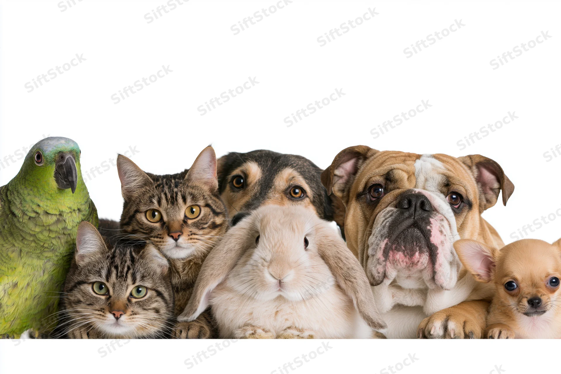 Group of common pets peeking over a surface in a row