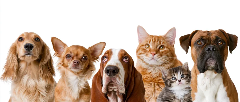Group of dogs and cats posing together in studio against white background