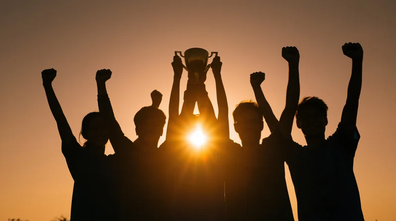 Silhouetted team celebrating victory with trophy raised at sunset