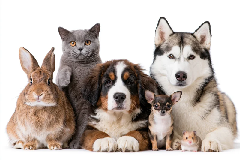 Group of six domestic pets posed together in a studio portrait
