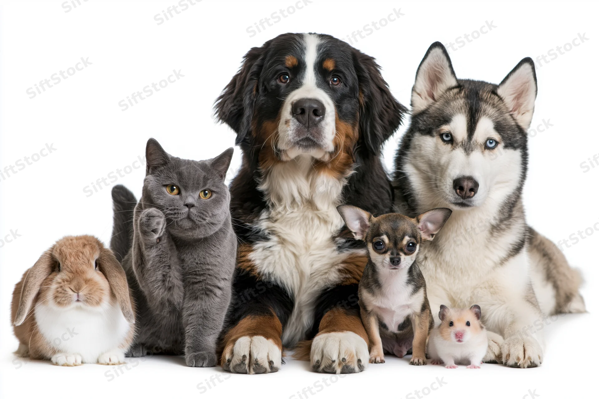 Group of six domestic pets posing together in a white studio setting