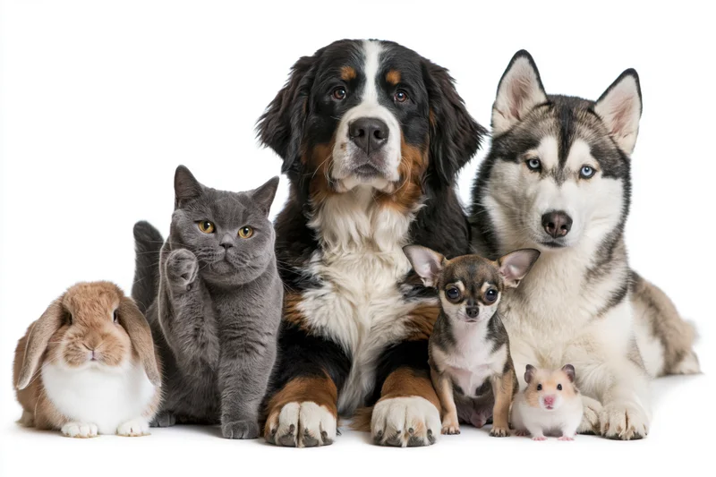 Group of six domestic pets posing together in a white studio setting