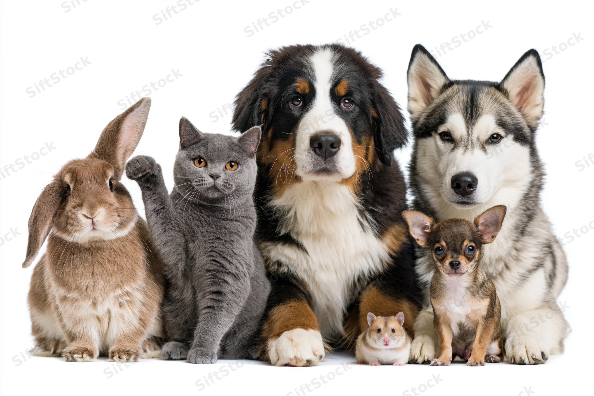 Group of six pets including dogs, cat, rabbit and hamster posing together in studio against white background