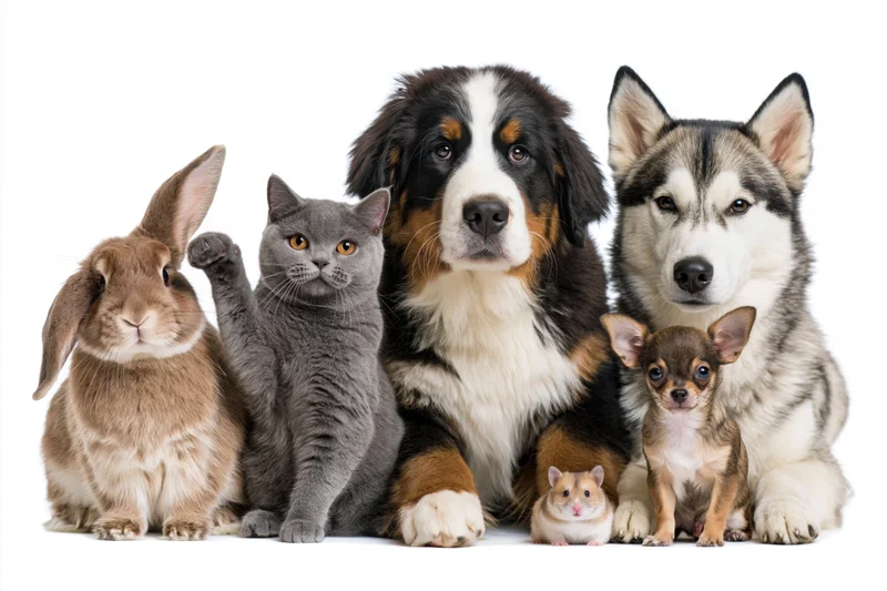Group of six pets including dogs, cat, rabbit and hamster posing together in studio against white background
