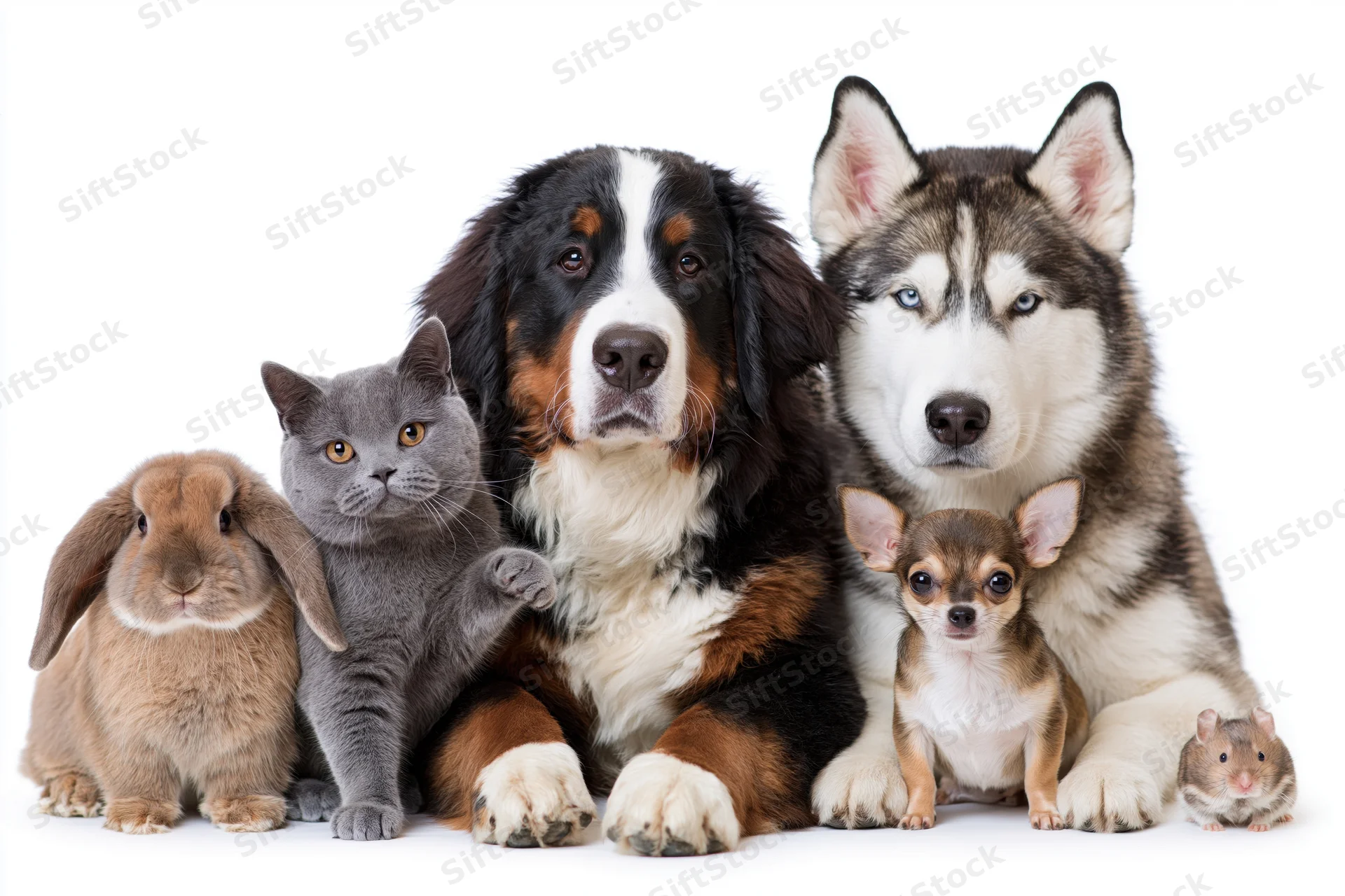 Group of six pets including dogs, cat, rabbit and hamster posing together in studio