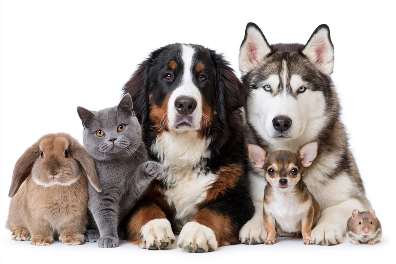 Group of six pets including dogs, cat, rabbit and hamster posing together in studio