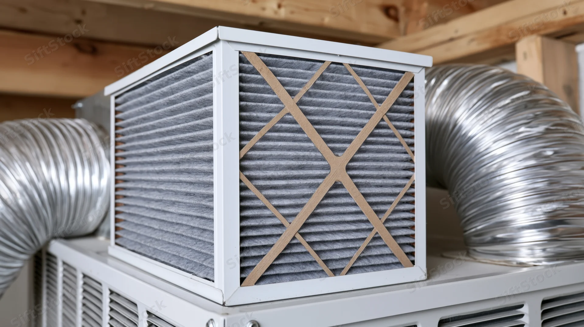 Pleated air filter resting on hvac unit with metal ducts connected