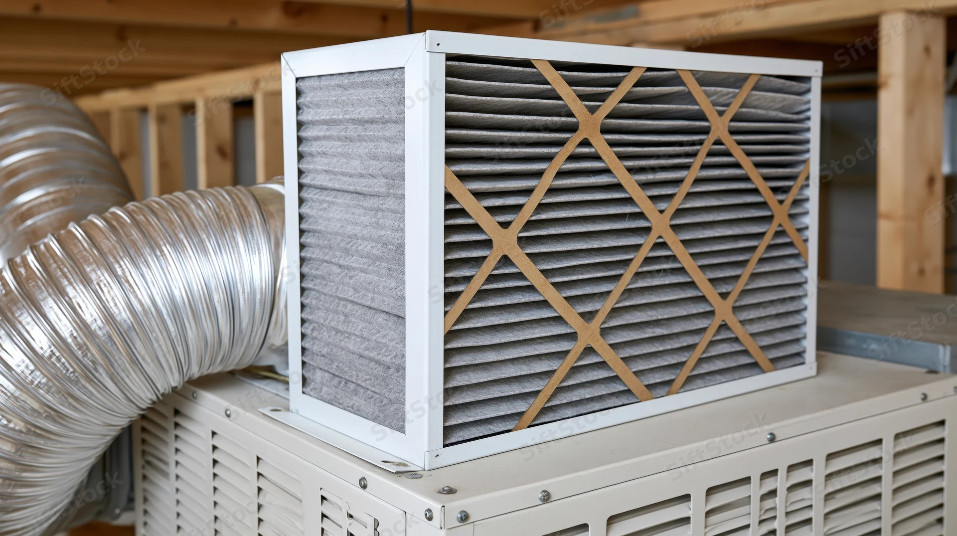 Pleated air filter mounted on hvac unit in attic space with metal duct connected