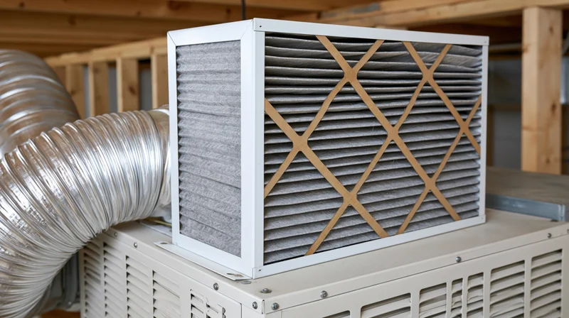 Pleated air filter mounted on hvac unit in attic space with metal duct connected