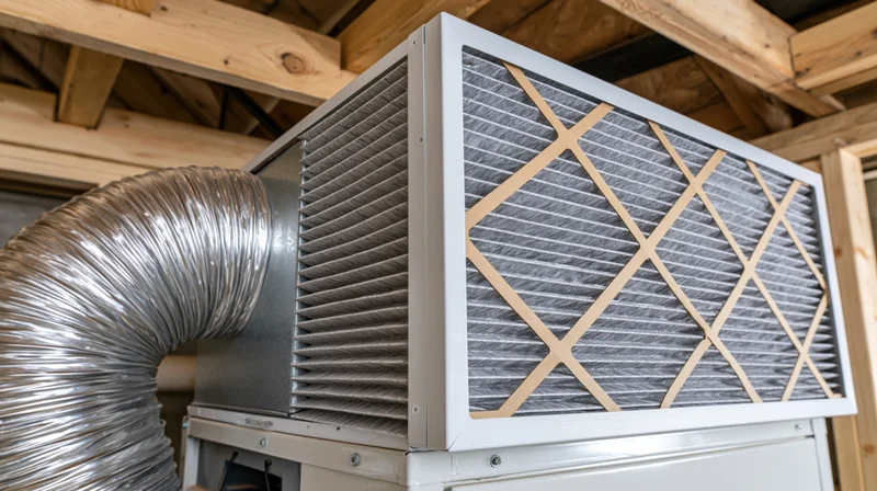 Hvac air handler unit with pleated air filter and metal duct under wooden ceiling beams