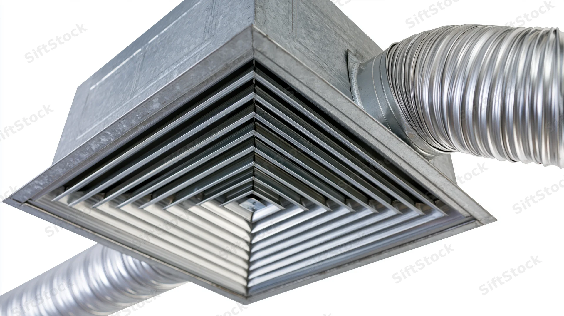 Hvac ceiling air handler unit with louvered vent grille and connected ducts isolated on white