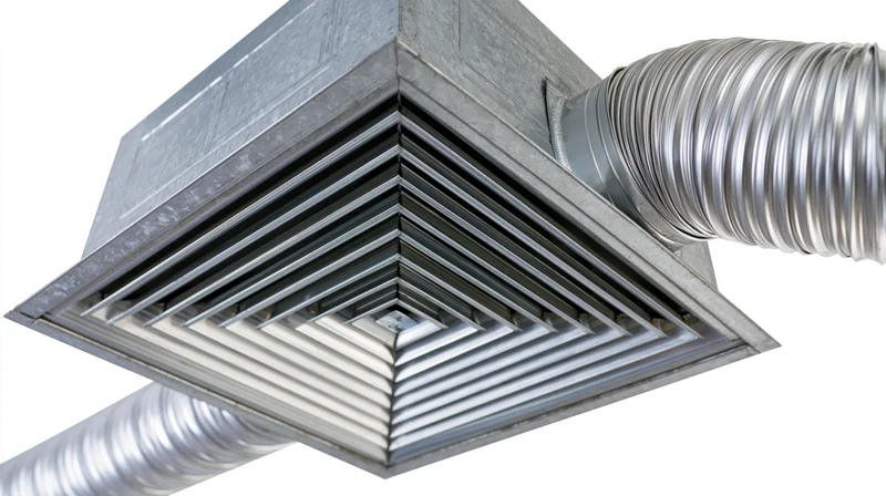 Hvac ceiling air handler unit with louvered vent grille and connected ducts isolated on white