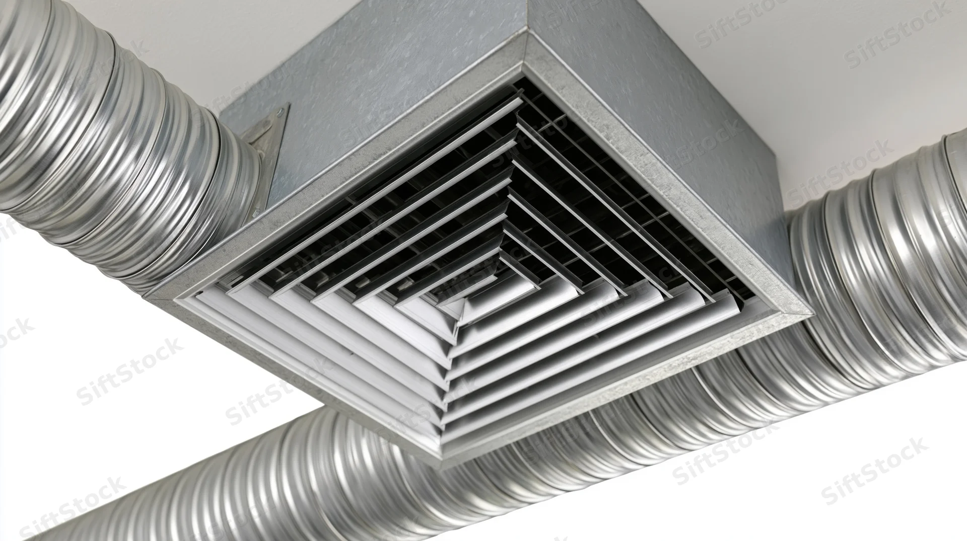 Hvac ceiling air handler unit with louvered vent grille and connected ducts