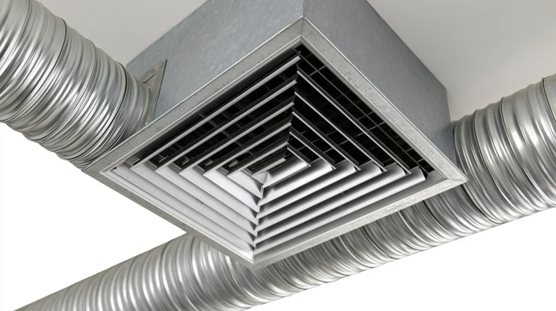 Hvac ceiling air handler unit with louvered vent grille and connected ducts