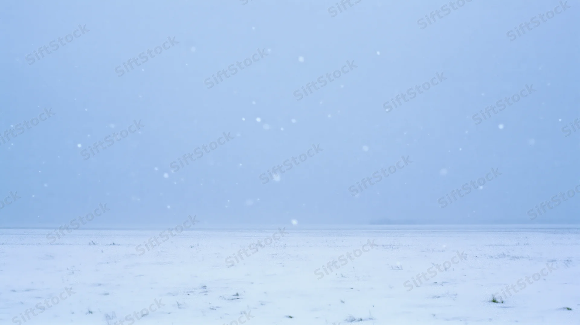 Heavy snowfall over a flat snowy landscape under an overcast sky