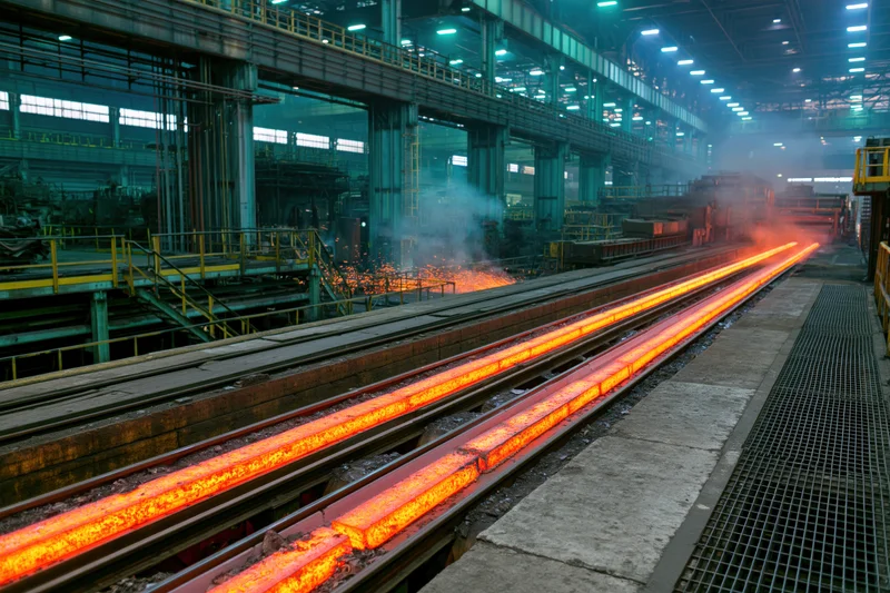 Hot steel billets glowing orange-red moving along conveyor rails in industrial factory