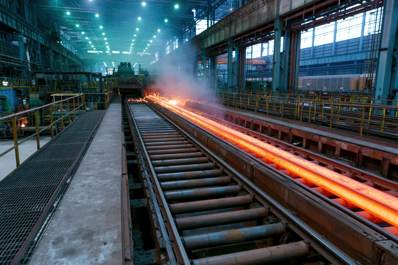 Glowing hot steel billets moving along conveyor rollers in industrial factory