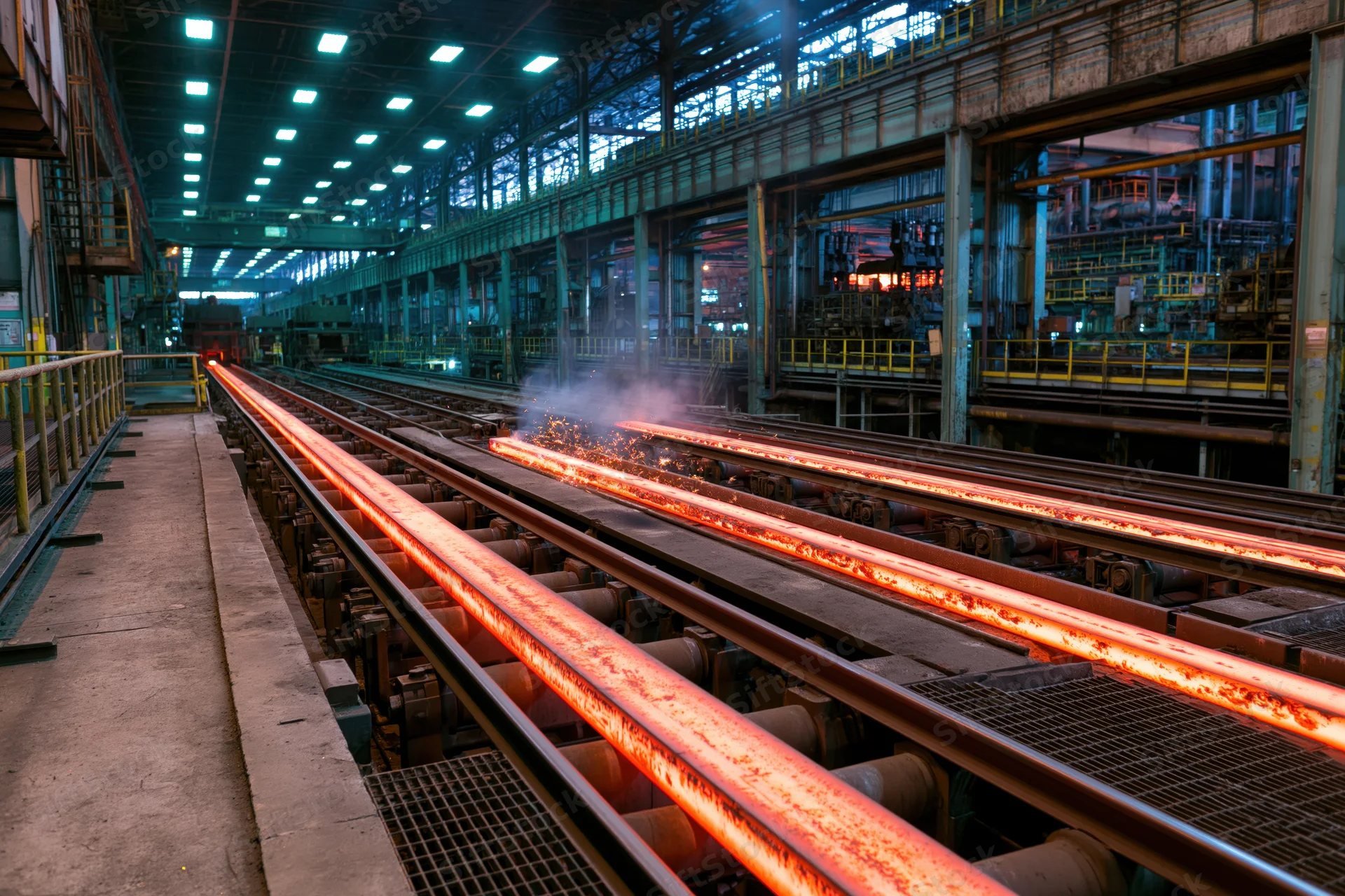 Hot steel billets moving along conveyor rails inside industrial factory