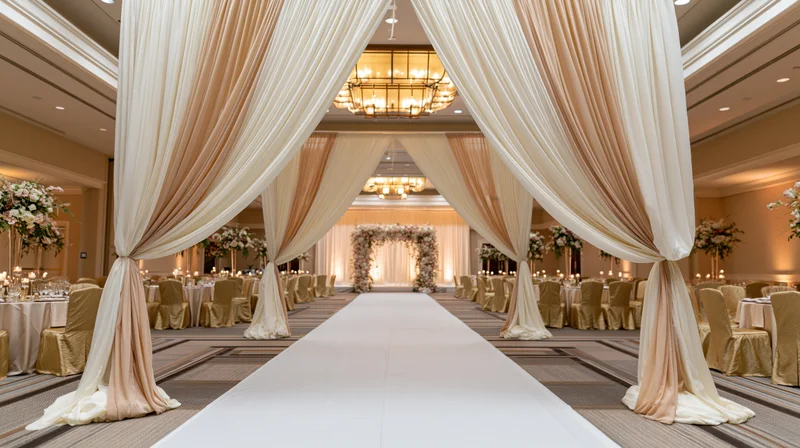 Wedding ceremony setup in a hotel ballroom with draped aisle and floral arch at the end