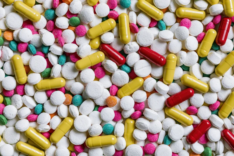 Assorted pharmaceutical pills tablets and capsules scattered in closeup top view