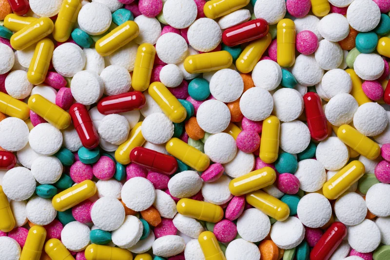Assorted pharmaceutical pills tablets and capsules in a dense flat lay pattern