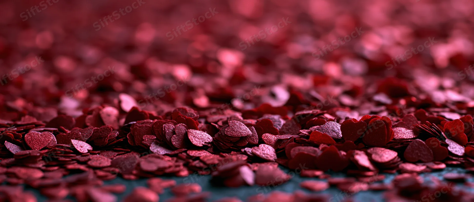 Red heart-shaped confetti scattered across a surface with shallow depth of field