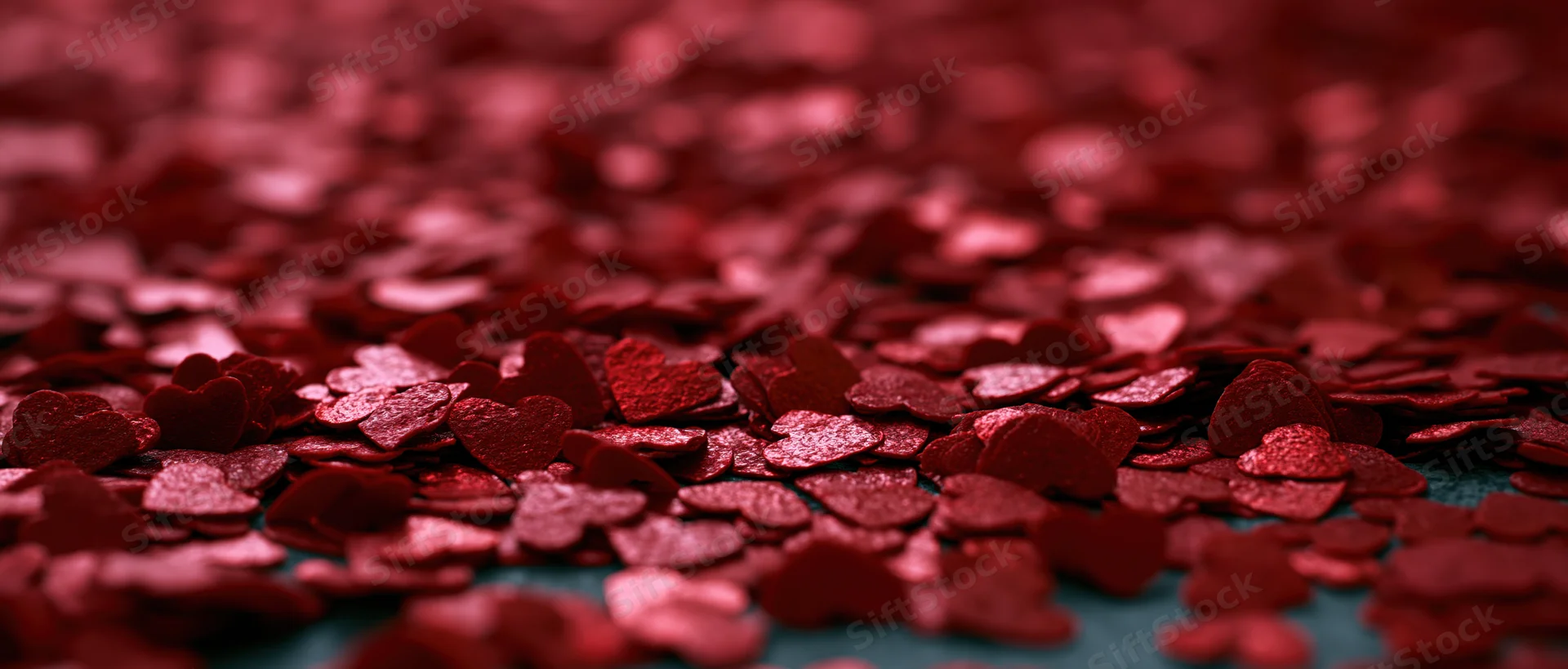 Red heart-shaped confetti scattered across a surface in shallow focus
