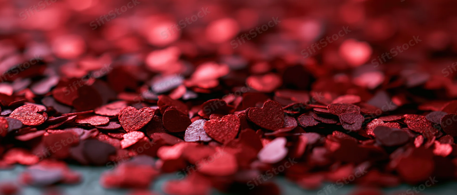 Red heart-shaped confetti scattered across a surface with shallow depth of field
