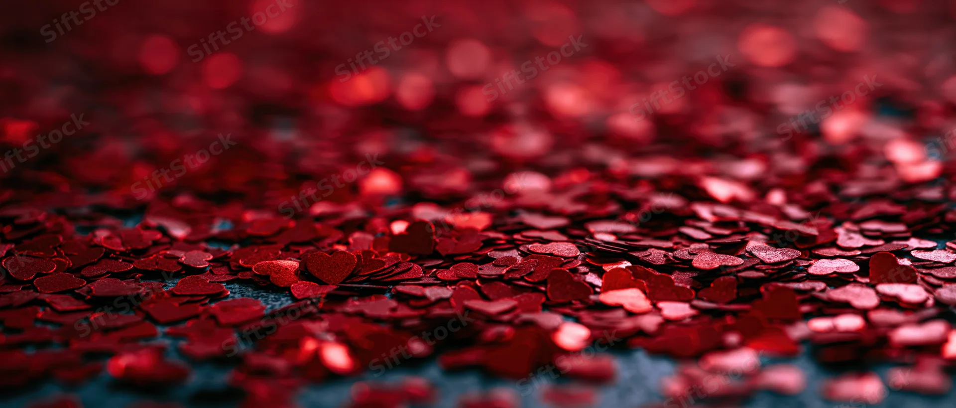Red heart-shaped confetti scattered across a dark surface with shallow depth of field and bokeh background