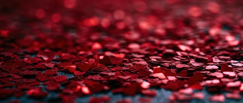 Red heart-shaped confetti scattered across a dark surface with shallow depth of field and bokeh background