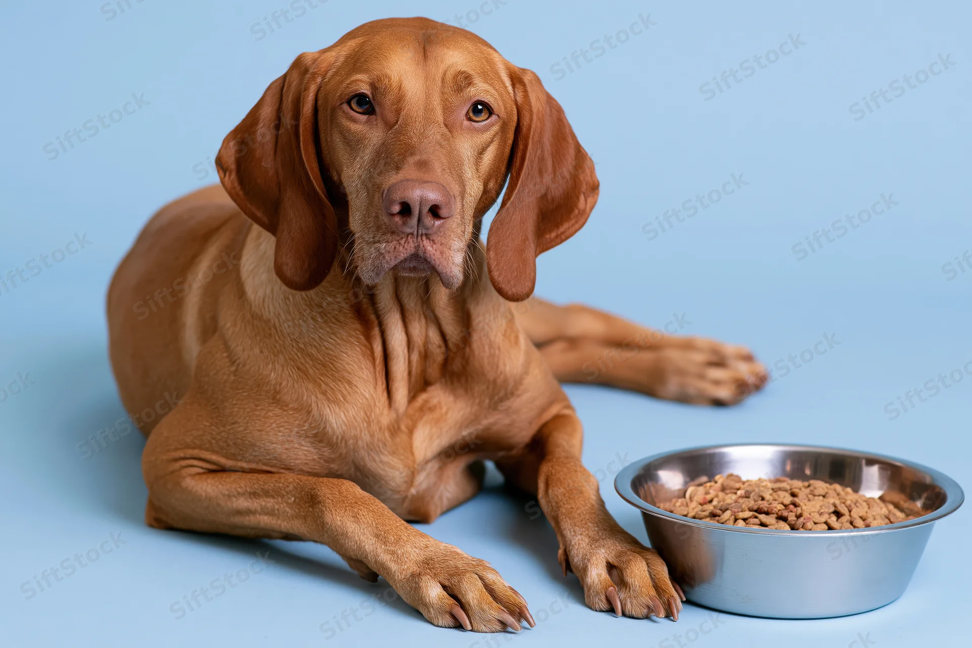 Hungarianvizsla dog lying beside a stainless steel bowl filled with kibble on a blue background