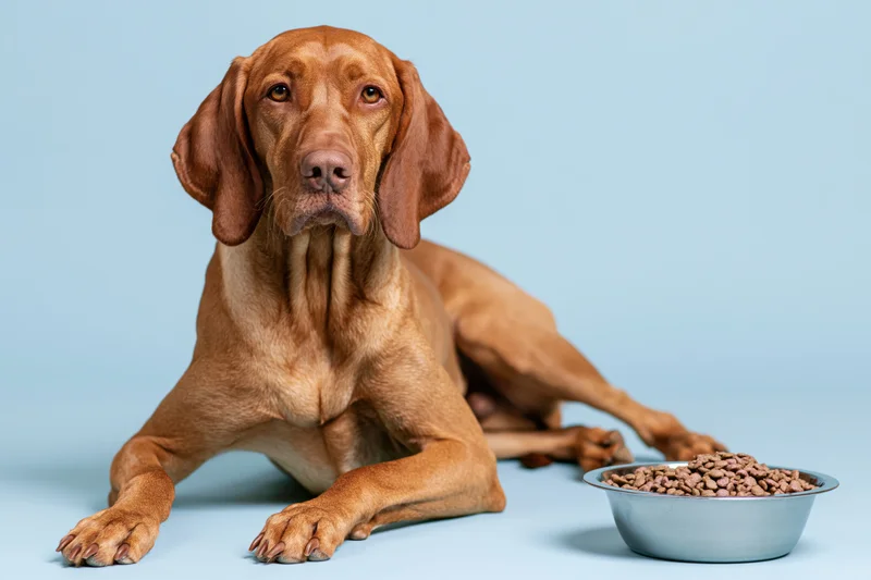 Hungarianvizsla dog lying beside a stainless steel bowl of kibble on light blue background
