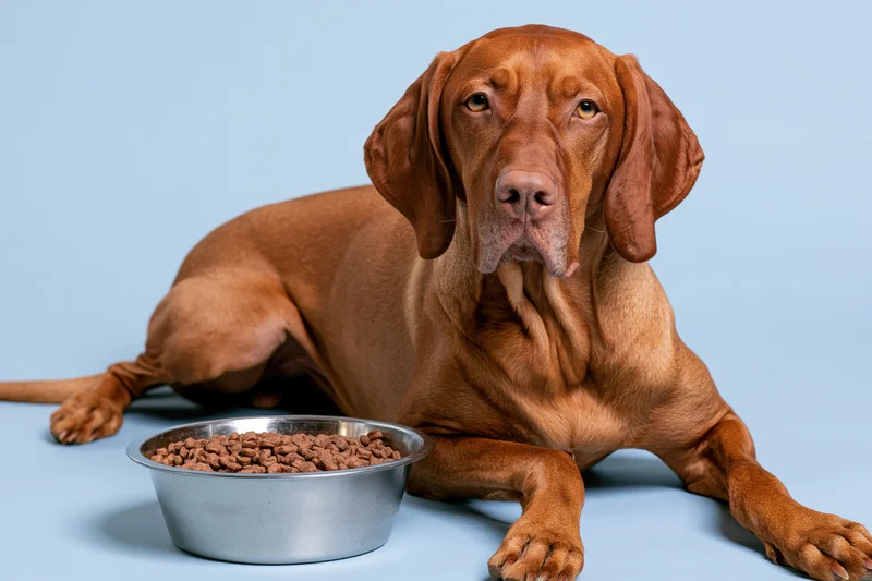 Hungarian vizsla lying beside a stainless steel bowl of dry food on a light blue background